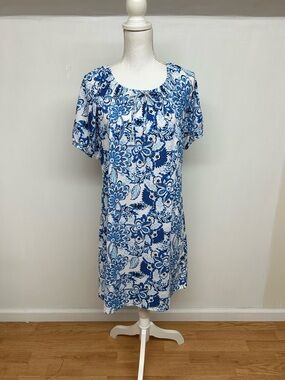Blue & White Floral Midi Dress - Casual Short Sleeve